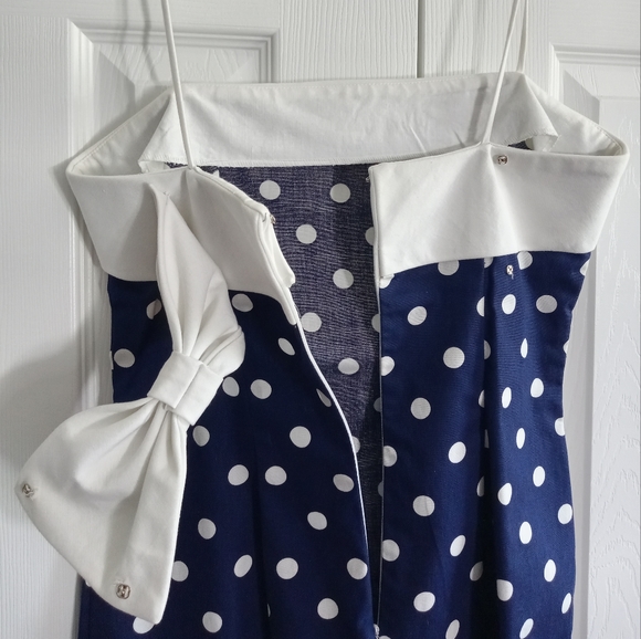 Vintage Mini Dress Cotton Polka Dot Navy Blue White Bow Linea Moda Size 8 - Picture 11 of 16